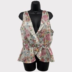 Ashley Ames Vintage Pink & White Peplum Floral Top Size Large